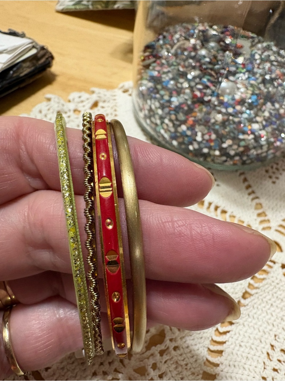 Set of Women's Gold and Red Decorative Bangle Bracelets